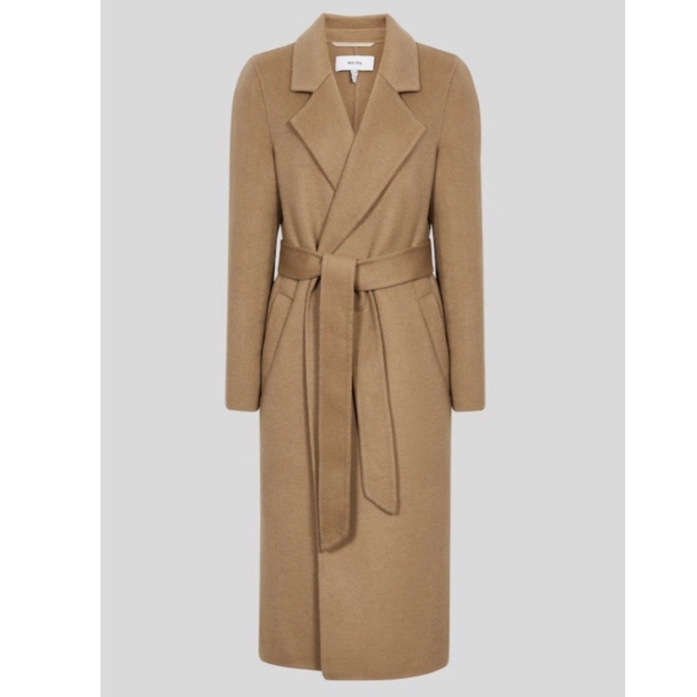 REISS Brooks Wool Blend Longline Overcoat Camel Belted Trench Coat Size 10